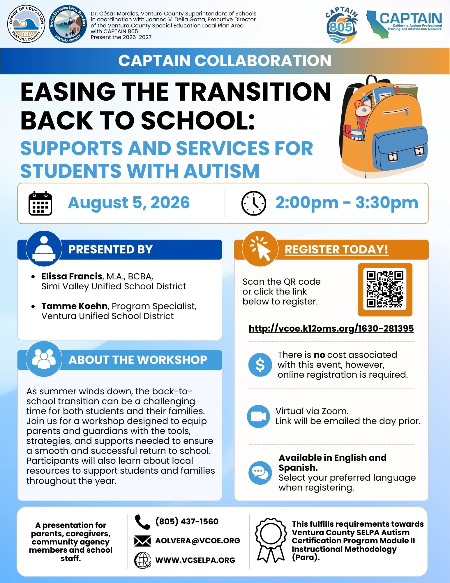 Flyer for Easing the Transition Back to School August 5, 20206